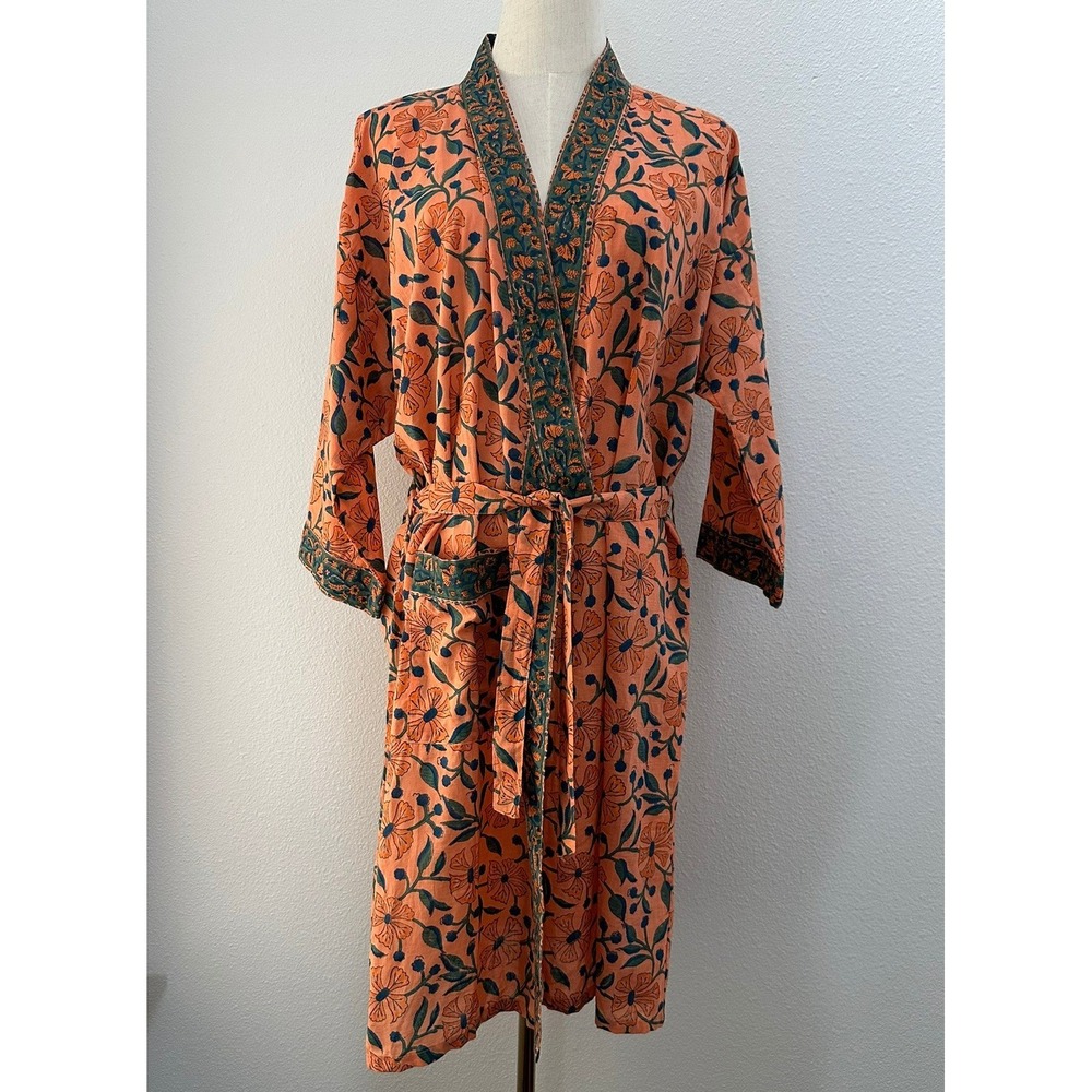 Unbranded Floral Block Print Robe Women One Size Orange Cotton Boho Kimono Style